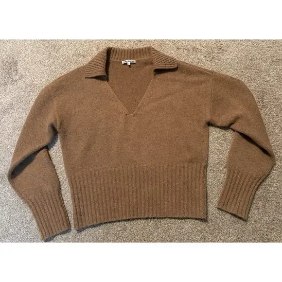 Reformation Beckie Cashmere Collared V Neck Sweater in Panko Camel Beige Tan - Picture 6 of 11